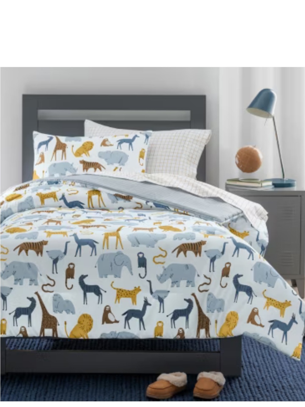 Kids Safari Animal Comforter set- Blue & Mustard Print